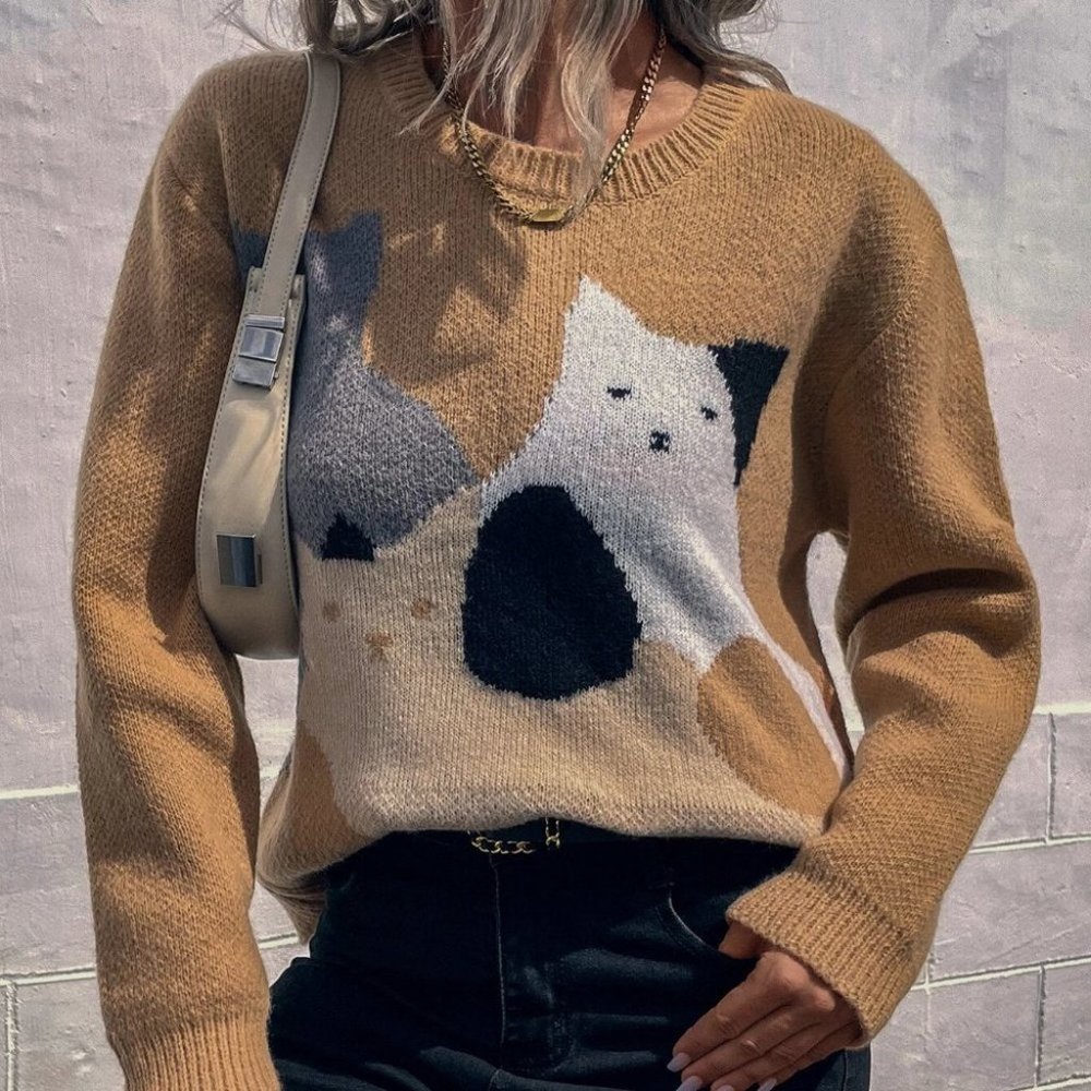 Khaki Cat Print Drop Shoulder Knit Sweater Top - Picture 4 of 4